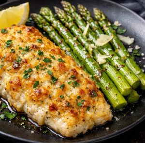 2 FILES DE PEIXE BRANCO (TILAPIA, PESCADA, ROBALO, LINGUADO) SAL, PIMENTA DO REINO SUCO DE MEIO LIMÃO SICILIANO 1 COLHER DE CHÁ DE MOSTARDA DIJON (ELEVA O SABOR) AZEITE O QUANTO BASTE. TEMPERE O PEIXE COM INGREDIENTES ACIMA PARA A CROSTA FAÇA UMA FAROFA COM: ½ XIC DE QUEIJO PARMESÃO RALADO 2 COLHERES DE SOPA DE FARINHA PANKO 1 COLHER DE SOPA DE MANTEIGA DERRETIDA ERVAS FINAS A GOSTO. JUNTE OS INGREDIENTES E FAÇA UMA CROSTA POR CIMA DO PEIXE TEMPERADO E LEVE AO FORNO OU NA AIRFAYER POR 12 A 15 MINUTOS A 200º PARA OS ASPARGO 1 MAÇO DE ASPARGO FRESCO 1 COLHER DE SOPA DE MANTEIGA E UMA DE AZEITE SAL E PIMENTA DO REINO A GOSTO LAVE-OS E EM UMA FRIGIDEIRA COLOQUE O AZEITE E A MANTEIGA, ADICIONE O ASPARGO DEIXE ATÉ FICAR COZIDOS, MAS CROCANTES. RESERVE MONTE O PRATO. COLOQUE OS ASPARGOS NO PRATO E AO LADO OS FILES COM A CROSTA PARA CIMA, UM FIO DE AZEITE POR CIMA E LASCAS DE QUEIJO E SALSA PICADA POR CIMA. HARMONIZAÇÃO COM VINHO BRANCO SAUVIGNON BLANC OU AGUA COM LIMÃO SICILIANO E HORTELÃ.