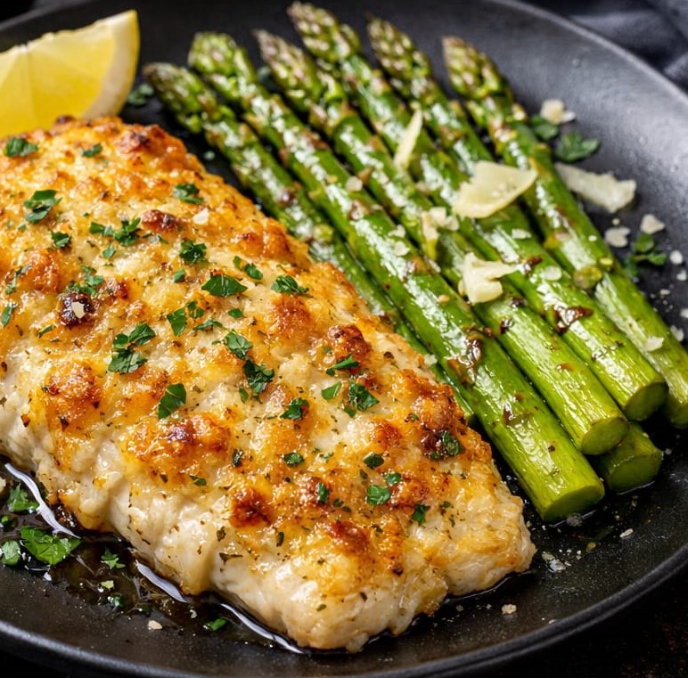 2 FILES DE PEIXE BRANCO (TILAPIA, PESCADA, ROBALO, LINGUADO) SAL, PIMENTA DO REINO SUCO DE MEIO LIMÃO SICILIANO 1 COLHER DE CHÁ DE MOSTARDA DIJON (ELEVA O SABOR) AZEITE O QUANTO BASTE. TEMPERE O PEIXE COM INGREDIENTES ACIMA PARA A CROSTA FAÇA UMA FAROFA COM: ½ XIC DE QUEIJO PARMESÃO RALADO 2 COLHERES DE SOPA DE FARINHA PANKO 1 COLHER DE SOPA DE MANTEIGA DERRETIDA ERVAS FINAS A GOSTO. JUNTE OS INGREDIENTES E FAÇA UMA CROSTA POR CIMA DO PEIXE TEMPERADO E LEVE AO FORNO OU NA AIRFAYER POR 12 A 15 MINUTOS A 200º PARA OS ASPARGO 1 MAÇO DE ASPARGO FRESCO 1 COLHER DE SOPA DE MANTEIGA E UMA DE AZEITE SAL E PIMENTA DO REINO A GOSTO LAVE-OS E EM UMA FRIGIDEIRA COLOQUE O AZEITE E A MANTEIGA, ADICIONE O ASPARGO DEIXE ATÉ FICAR COZIDOS, MAS CROCANTES. RESERVE MONTE O PRATO. COLOQUE OS ASPARGOS NO PRATO E AO LADO OS FILES COM A CROSTA PARA CIMA, UM FIO DE AZEITE POR CIMA E LASCAS DE QUEIJO E SALSA PICADA POR CIMA. HARMONIZAÇÃO COM VINHO BRANCO SAUVIGNON BLANC OU AGUA COM LIMÃO SICILIANO E HORTELÃ.